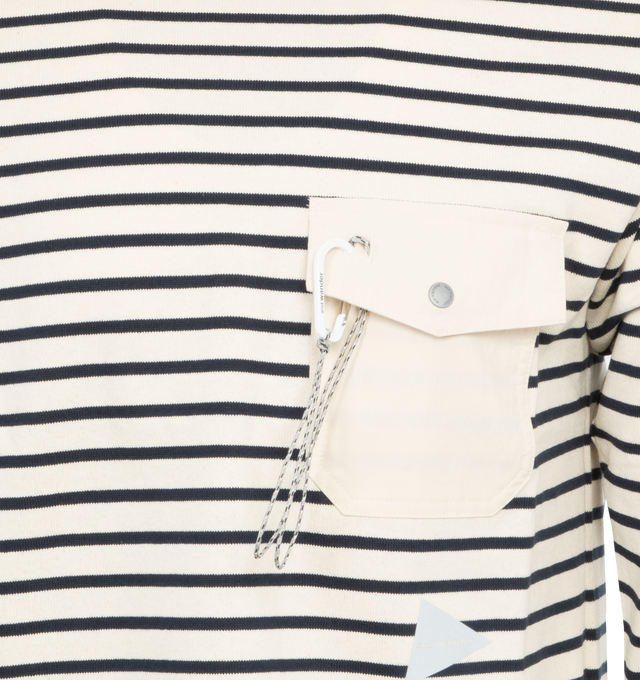 Image 3 of 3 - WHITE - AND WANDER Stripe Pocket Longsleeve T-Shirt featuring relaxed fit, stripe pattern, ribbed collar, cuffs and hem, chest patch pocket and integrated carabiner. 100% cotton. 