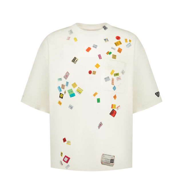 Image 1 of 2 - WHITE - Maison Mihara Yasuhiro Men's Price Sticker T-Shirt is crafted from cotton and features a classic crew neckline, short sleeves, and signature Price Sticker graphic artwork for a bold contemporary look. This designer graphic T-shirt combines premium everyday comfort with Maison Mihara Yasuhiro's distinctive streetwear aesthetic, making it an effortless wardrobe staple. Main Material: 100% Cotton. Made in Japan.