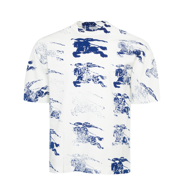 Image 1 of 2 - BLUE - BURBERRY T-shirt made in Italy from cotton jersey screen-printed with the Equestrian Knight Design in the form of an ink stamp. Cut to a regular fit with ribbed neckline. 100% cotton. 