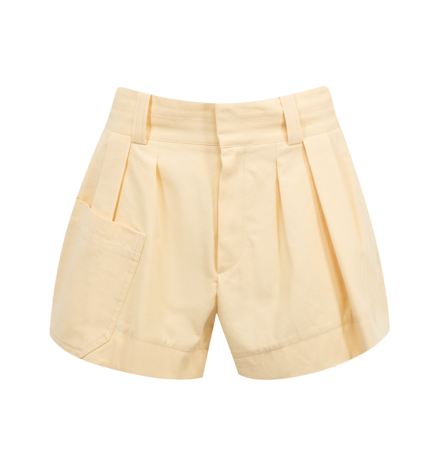 Image 1 of 3 - CHAMPAGNE - CHLOE High-Rise Mini Shorts featuring front zipper & horn button, maxi front patch pocket, left-side pocket, single piped back pocket and gold metal Chlo logo triangle at front pocket. 100% cotton.