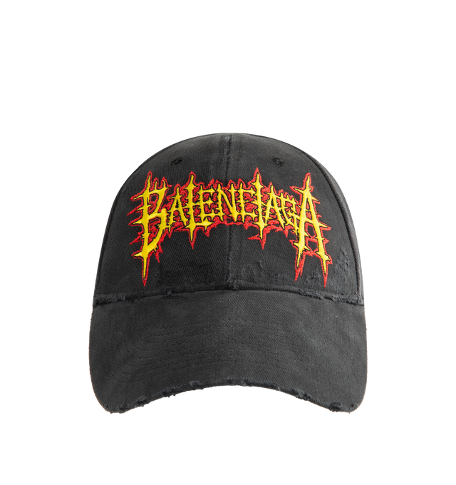 Image 1 of 3 - BLACK - BALENCIAGA Sacr Cur Cap in faded cotton drill featuring worn-out details, classic baseball cap shape, ventilation eyelets embroidered on top, adjustable hook and loop tab at the back and Balenciaga Sacr Cur artwork embroidered on the front, sides and back. 100% cotton. Made in Italy.