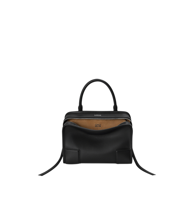 Image 1 of 16 - BLACK - Loewe Small Amazona 180 Bag in leather features a relaxed silhouette anchored by a single toron top handle, designed to be carried open, while a concealed closure secures the main compartment, three carry options: short handle, removable shoulder strap and crossbody, zip closure with two leather zip pullers, two compartments, main compartment closed with magnetic closure, internal flat pocket, left side d-ring for customization, nappa lambskin lining, and embossed double L branding.