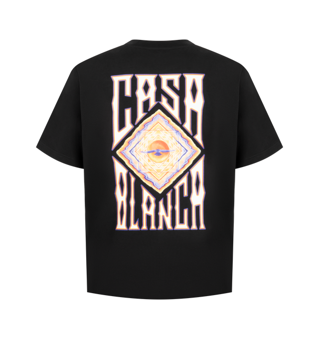 Image 2 of 2 - BLACK - Casablanca Men's Hermons Mirage Printed Classic T-Shirt is crafted from premium organic cotton and features a relaxed silhouette with a classic crew neckline and seasonal Hermons Mirage graphic print inspired by dreamlike landscapes and vibrant travel destinations. This designer graphic T-shirt combines exceptional everyday comfort with Casablanca's signature luxury sportswear aesthetic, creating a bold statement piece with artistic appeal. Main Material: 100% Organic Cotton. Made in