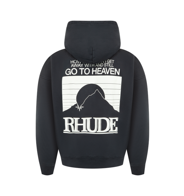 Image 2 of 2 - BLACK - RHUDE Moonlight Pack Hoodie featuring fixed hood, ribbed cuffs and hem, logo on front and kangaroo pocket. 100% cotton. Made In USA.