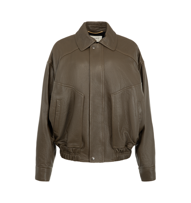 Image 1 of 4 - BROWN - Saint Laurent Women's Ranch Lambskin Bomber Jacket is crafted from supple lambskin leather and features a pointed collar, dropped shoulders, and an elasticized waist. A front zip closure with a snap-button storm flap, two front patch pockets, an interior welt pocket, and snap-button cuffs complete the design. Main Material: 100% Lambskin Leather. Lining: Cotton. Made in Italy. This item may be restricted for online purchase to international clients. For assistance purchasing this item