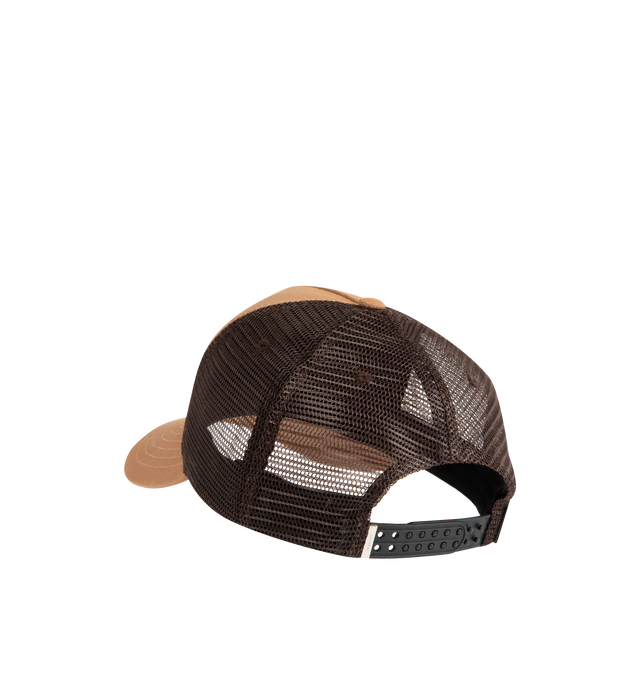 Image 2 of 3 - BROWN - AMIRI MA Outline Trucker Cap featuring cotton canvas and mesh, embroidered eyelets at crown, logo embroidered at face, curved brim, logo patch at back face, snapback fastening and twill lining. 100% cotton. 100% polyester. Made in United States.