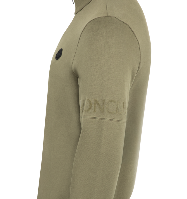 Image 3 of 3 - GREEN - MONCLER Cotton Zip-Up Sweatshirt featuring cotton fleece, stand collar, zipper closure, side pockets, printed logo and silicone logo patch. 100% cotton.