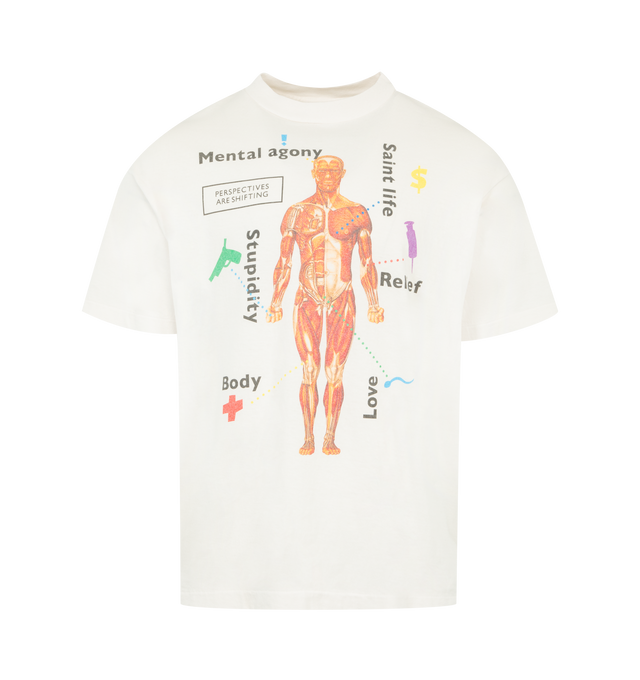 Image 1 of 2 - WHITE - SAINT MICHAEL Body T-Shirt featuring crew neck, short sleeves, regular fit and screen print graphic on front. 100% cotton. Made in Japan.