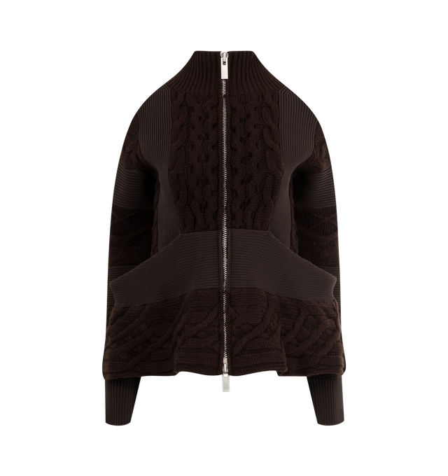 Image 1 of 2 - BROWN - SACAI Wool Knit Blouson featuring stand collar, two way zip front closure, ribbed cuffs and collar, long sleevse and front pockets. Wool.