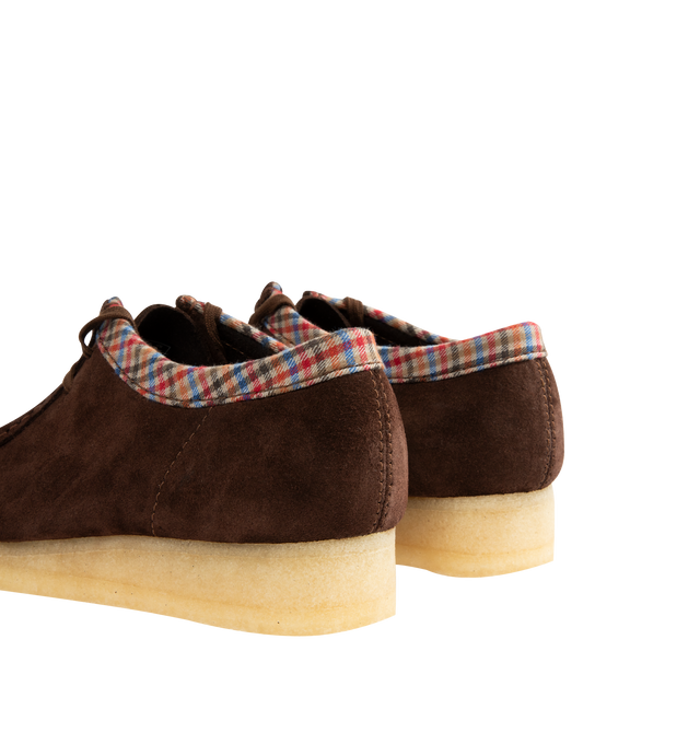Image 3 of 4 - BROWN - CLARKS Wallabee Shoe featuring suede uppers, two FOBS Clarks Originals and Wallabee, two laces, natural pebble crepe sole, Clarks Originals logo foil embossed on sock, Harris Textile print trim on collar, moccasin construction and hand stitched apron seam.
