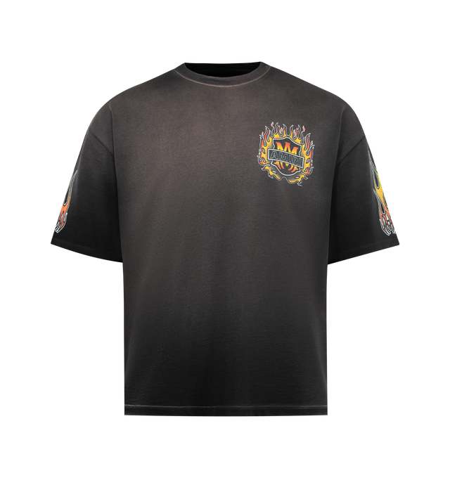 Image 1 of 3 - BLACK - AMIRI MA Flames Tee featuring fading throughout, rib-knit crewneck, logo graphic printed at chest, sleeves, and back and dropped shoulders. 100% cotton. Made in Italy.