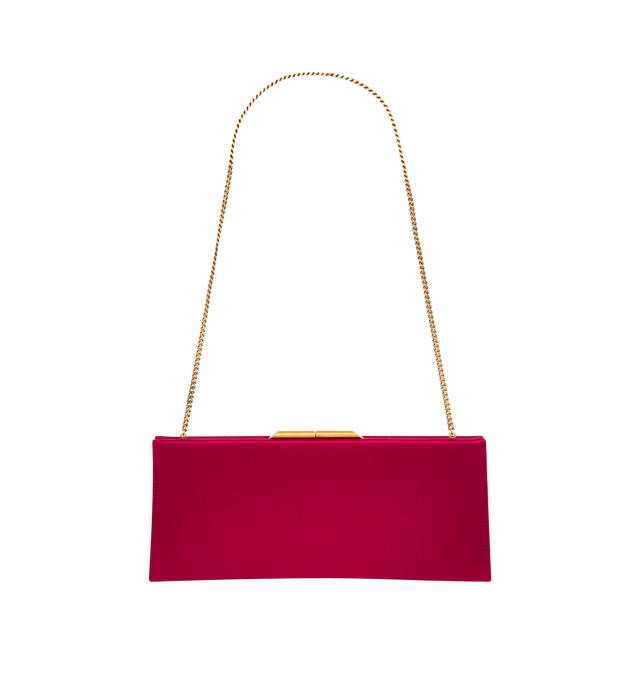 Image 2 of 3 - RED - SAINT LAURENT Midnight Small Clutch in satin featuring thin clutch case with a kiss-lock closure, embossed with the SAINT LAURENT PARIS signature, a stowable chain shoulder strap, certified viscose, leather lining, bronze-tone hardware and one inner pocket. 10.2" x 3.9" x 0.61.6". Viscose, silk. Made in Italy.
