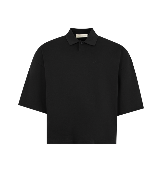 Image 1 of 2 - BLACK - FEAR OF GOD ESSENTIALS Signature 90s Cropped Polo featuring medium-weight cotton/poly pique knit, a 90s fit with oversized proportions, 3/4 sleeves, and cropped length, embroidered Essentials signature logo on the chest and Essentials signature label at the back collar. 80% cotton, 20% polyester.