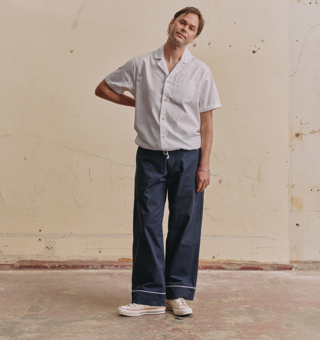 Image 5 of 5 - NAVY - NOAH Pajama Chino featuring flat front with zip-fly and button-closure, watch pocket at waist, side seam front pockets and besom back pockets with button-closure and contrast piping at hem and back pockets. 100% cotton twill. Made in Portugal.  