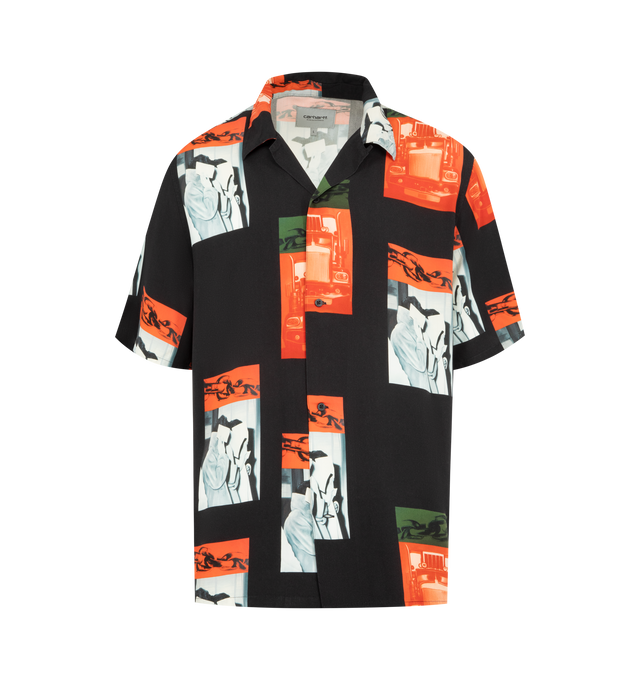 Image 1 of 3 - BLACK - CARHARTT WIP Sean Hamilton Shirt featuring a loose fit, lightweight, sustainably-sourced viscose poplin with an allover print, bowling collar, buttoned front and a woven Flag Label on the side. 100% viscose.