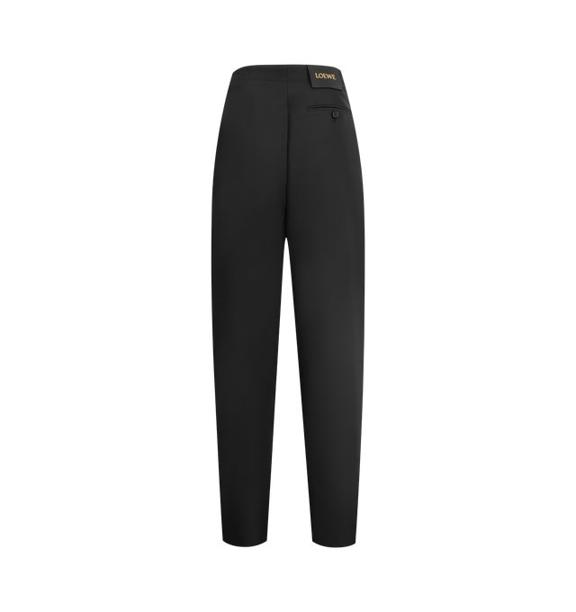 Image 2 of 3 - BLACK - Loewe Women's Trousers in medium-weight wool and silk tailoring featuring a gathered front with a leather belt detail. Regular fit, regular length, mid waist, straight leg, side zip fastening, seam pockets, buttoned rear jet pocket, pressed creases at the front, LOEWE embossed leather patch placed at the back. Wool/Silk. Made in Italy.