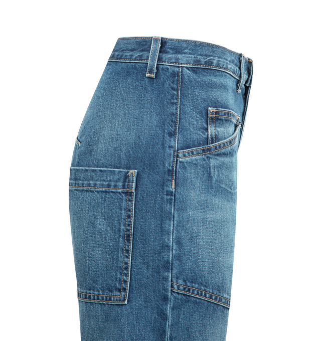 Image 3 of 3 - BLUE - NILI LOTAN Shon Jean featuring featuring mid-rise, relaxed fit barrel leg jean in Japanese stretch denim, uniquely curved silhouette, seam detail at knees, gusset at inseam, zip fly, shank closure, top-stitched front and back patch pockets and belt loops. 98% cotton, 2% polyurethane. Made in USA.