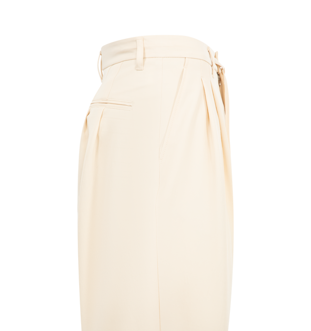 Image 3 of 3 - WHITE - LEMAIRE Drawstring Pleated Pants featuring relaxed fit, double pleats, adjustable hems, buttoned fly, drawstring and belt loops. 54% wool, 46% viscose. Lining: 100% cotton. Made in Romania.