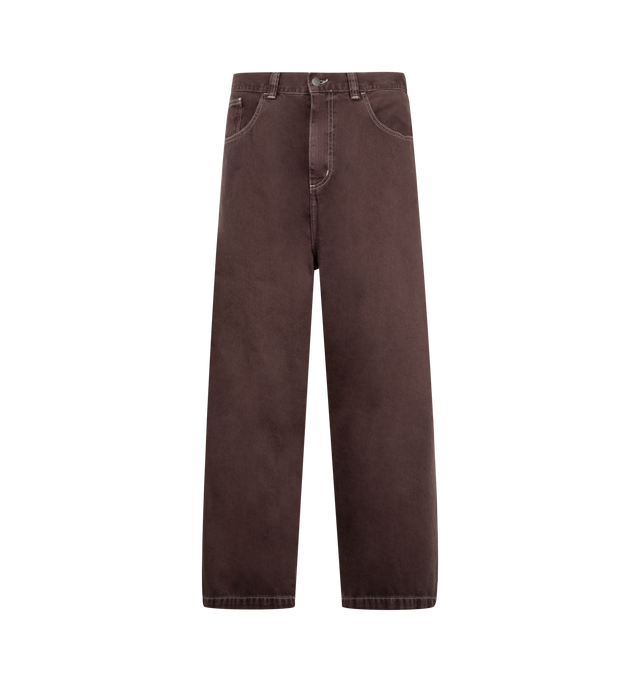 Image 1 of 3 - BROWN - CARHARTT WIP Brandon Pant featuring loose straight fit, low crotch, stone-dyed, contrast stitching, back yoke, bartack stitching at vital stress points, square label and zip fly. 100% cotton.