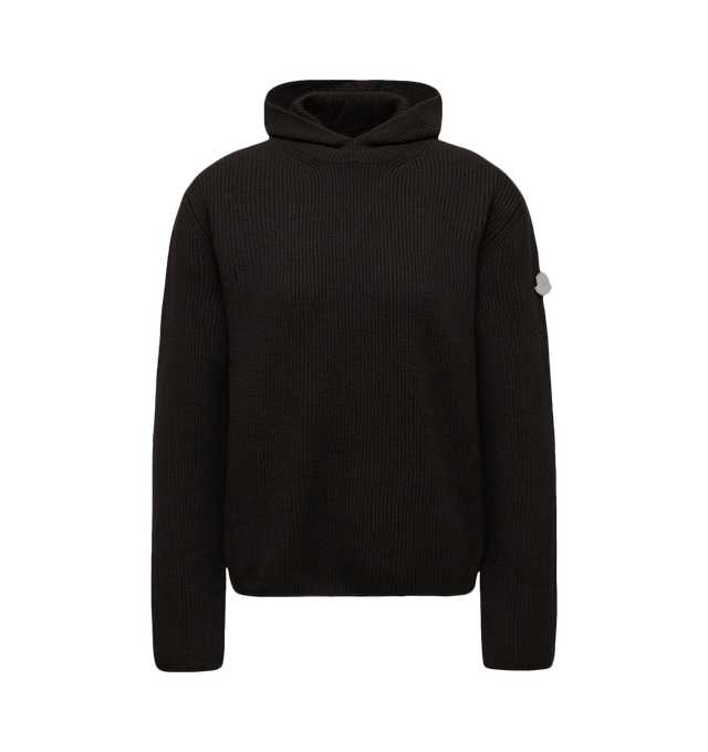 Image 1 of 1 - BLACK - MONCLER GENIUS X JIL SANDER Wool Hoodie featuring felted wool, english rib knit, Gauge 7, hood and detachable metal logo pin. 100% virgin wool.