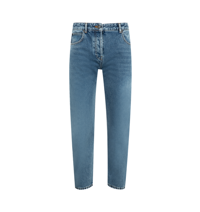 Image 1 of 3 - BLUE - THE ROW Riaco Jean in cotton featuring mid-rise jean with slim fit, contrast topstitching and classic 5-pocket construction. 100% cotton. Made in Japan.