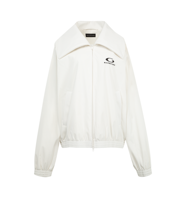 Image 1 of 3 - WHITE - BALENCIAGA Tracksuit Jacket featuring an elongated neckline, a sport logo embroidered on the chest, exaggerated collar, two-way zip front, long sleeves, side welt pockets, a loose fit, and smocked cuffs and hem. 100% polyester. Made in Italy.