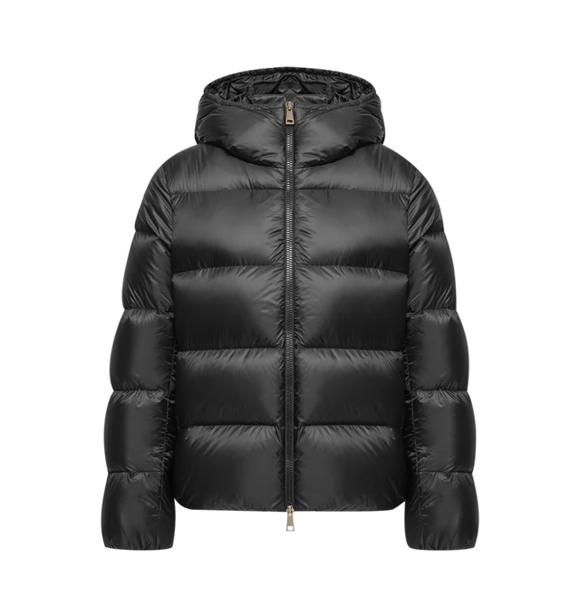 Image 1 of 1 - BLACK - Moncler Women's Feligule Hooded Short Down Jacket is crafted from lightweight nylon and features a streamlined padded silhouette designed for everyday warmth. This short down jacket is finished with a hood, high collar, and front zip closure for enhanced protection in cooler weather. The clean, minimalist design balances functional performance with Moncler's signature refined outerwear aesthetic. Main Material: 100% Polyamide/Nylon. Hood: Attached Hood. Collar: High Collar. Closure: F