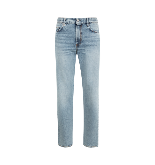 Image 1 of 3 - BLUE - Toteme versatile jeans cut to sit low on the waist and fall into straight legs for a relaxed, masculine silhouette softened by a light true vintage wash. Featuring zipper fly, silver-tone hardware, five pockets, belt loops, finished hem and leather patch. 100% organic cotton. Made in Italy.