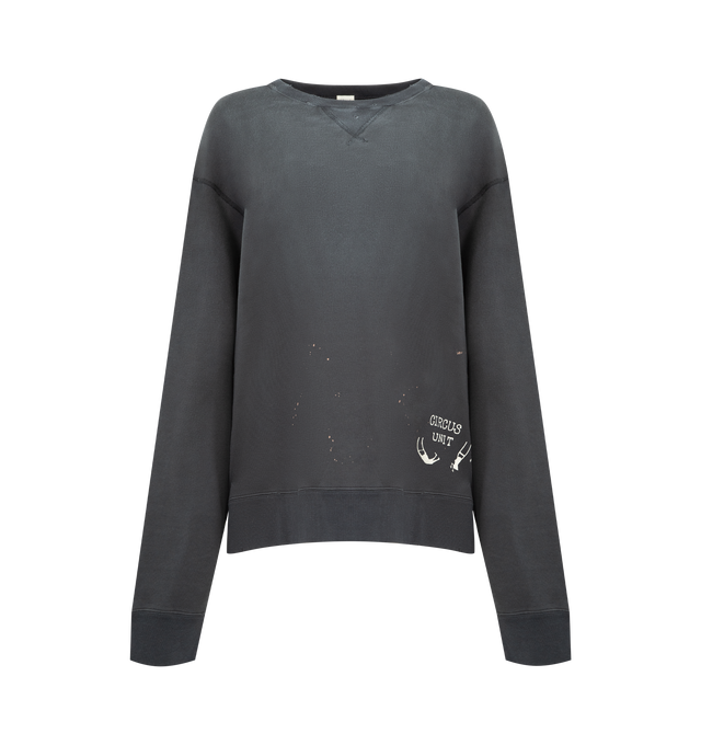 Image 1 of 3 - GREY - CHIMALA Crew Sweat Top featuring crew neck, long sleeves, ribbed neck hem and cuffs and paint-splatter detailing. 100% cotton fleece. Made in Japan.