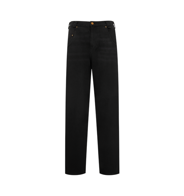 Image 1 of 3 - BLACK - Willy Chavarria Men's True Bad Boy Jean is crafted from cotton denim and features an exaggerated oversized silhouette with a low-rise waist and dropped crotch. Designed with an extra-wide leg, this designer jean is detailed with a gold-tone button fly, signature "W" belt loops with a key loop, classic five-pocket construction, and a leather "WILLY" patch at the back. Main Material: 100% Cotton. Made in USA.