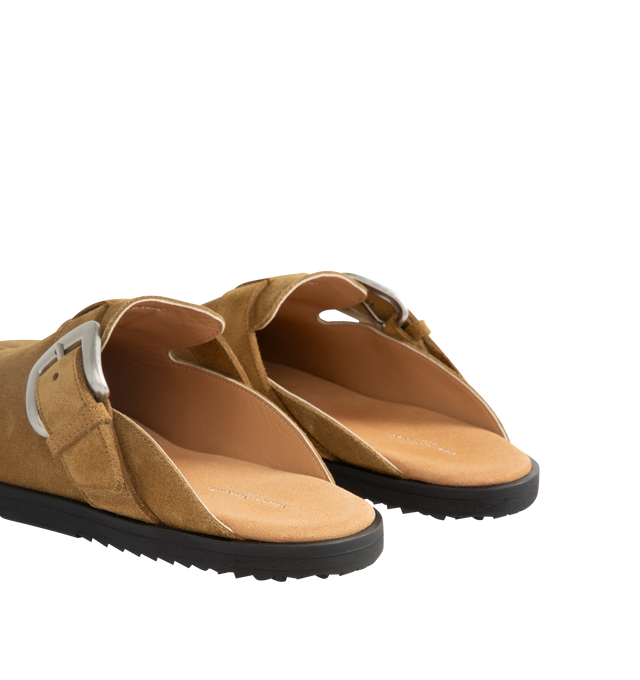 Image 3 of 4 - NEUTRAL - Maison Margiela Women's Tabi Daily Mules are crafted from calf suede and feature the signature split-toe design, a slip-on mule silhouette, open-back construction, an adjustable buckle strap, and a durable rubber sole. These designer suede mules combine the iconic Tabi silhouette with everyday comfort for effortless styling. Main Material: 100% Calf Suede. Lining: 50% Calf Leather, 50% Calf Suede. Sole: 100% Rubber. Heel Height: 1.1 cm. Made in Italy.