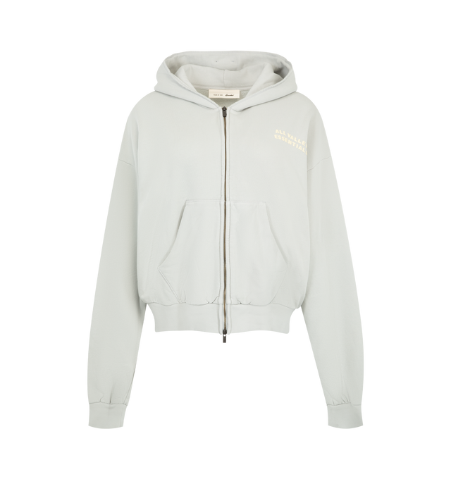 Image 1 of 2 - GREY - Fear of God Essentials Womens 90s Full Zip Hoodie is crafted from heavyweight 390 GSM cotton fleece with a pigment-dyed finish. Features a relaxed cropped fit, full-zip closure, dropped shoulders, rib-knit cuffs and hem, kangaroo pocket, contrasting stitching, puff-printed front graphic, back graphic, and Essentials label at the hood. Main Material: 100% Cotton. Imported