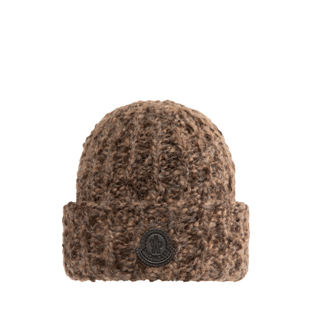 Image 1 of 2 - BROWN - MONCLER Wool & Alpaca Blend Beanie featuring stockinette stitch, gauge 3 and leather logo patch. 52% alpaca, 47% wool, 1% polyamide/nylon. Made in Italy.