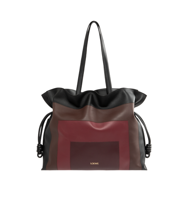 Image 1 of 3 - BLACK - LOEWE XL Flamenco Clutch in nappa calfskin featuring a cinched closure, historical knot drawstrings, shoulder carry, top handles, magnetic closure, one internal zipped pocket, textile lining and gold embossed logo. Nappa calf. 34.5 cm x 44.7 cm x 21.5 cm. Made in Spain.