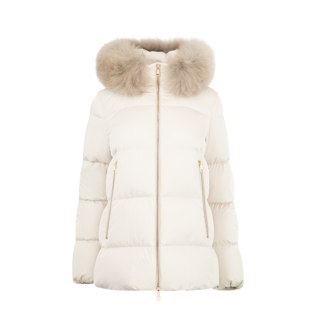 Image 1 of 4 - WHITE - MONCLER Laichefur Hooded Shearling-Trimmed Short Down Jacket featuring brushed polyester, longue saison lining, down-filled, hood with detachable long-haired sheepskin trim, zipper closure and zipped pockets. 100% polyester. Lining: 100% polyamide/nylon. Padding: 90% down, 10% feather.