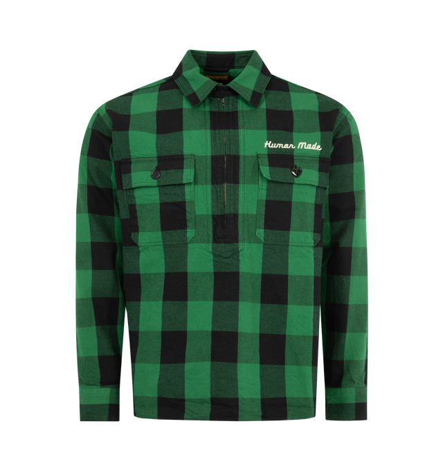 Image 1 of 2 - GREEN - HUMAN MADE Check Half-Zip Shirt featuring relaxed fit, shirt collar, front half zip, elbow patches, adjustable button cuffs, chain-stitched embroidery at chest and back and button closure patch chest pockets. 100% cotton. Made in Japan.