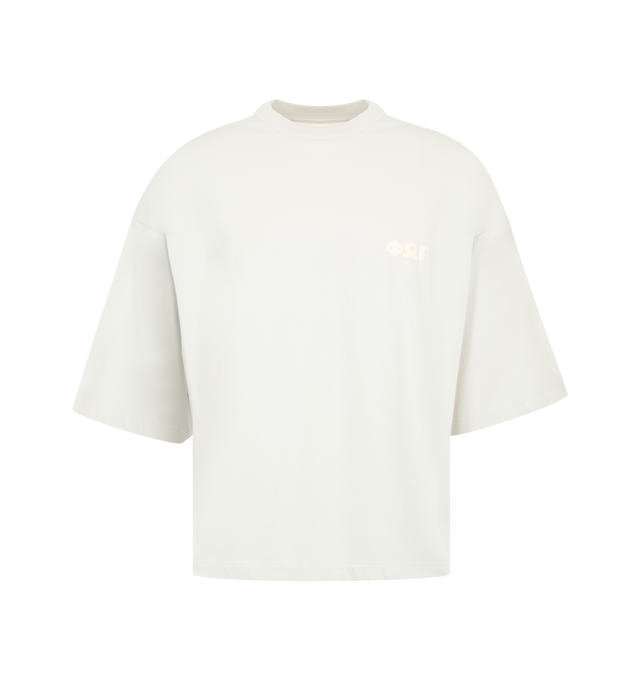 Image 1 of 2 - WHITE - The Fear Of God Men's Merch Tee is crafted from 100% cotton jersey and designed in a boxy, relaxed fit with dropped shoulders and 3/4-length sleeves. The front showcases a raised texture with a puff-printed FOG in collegiate-inspired Greek lettering, while the back displays the All Valley Essentials graphic.