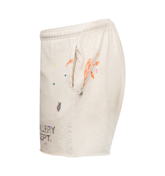 Image 3 of 3 - WHITE - GALLERY DEPT. Insomnia Shorts featuring a heavyweight cotton jersey construction with a relaxed, above-the-knee cut and raw-edged hems, deep pockets, an exposed elastic waistband, and an adjustable internal drawcord for versatility. Hand-painted splatters adorn the sturdy yet breathable fabric, finished with the classic logotype on the right leg. 100% heavyweight cotton. 