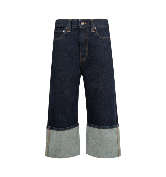Image 1 of 3 - BLUE - KHAITE Boyle Jean featuring a dropped rise sitting low on the hip, relaxed five-pocket silhouette, cropped by wide, pressed cuffs and a button of antiqued nickel. 100% cotton. Made in the USA.