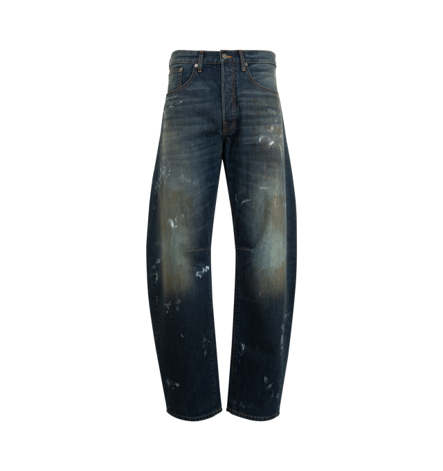 Image 1 of 3 - BLUE - COUT DE LA LIBERTE Magnolia Barrel Leg Jean featuring crispy denim, barrel leg, button zip front closure, 5 pocket style and distressed throughout. 100% cotton. Made In USA.