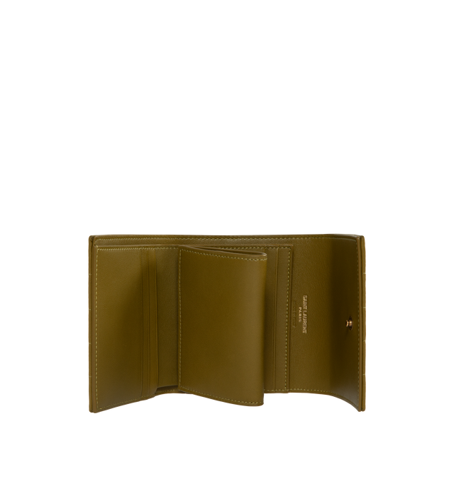 Image 3 of 3 - GREEN - SAINT LAURENT Quilted Leather Wallet featuring signature YSL logo plaque, tri-fold design, gold-tone hardware, internal logo stamp, internal card slots and internal note compartments. 0.98 x 4.52 x 3.14 inches. 100% lambskin.  
