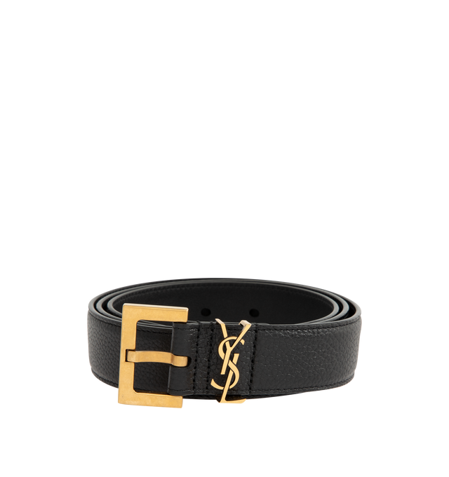 Image 1 of 2 - BLACK - SAINT LAURENT Cassandre Belt featuring removable square buckle, metal Saint Laurent cassandre loop and bronzed toned hardware. 1.2 inches. 100% calfskin leather. Made in Italy.