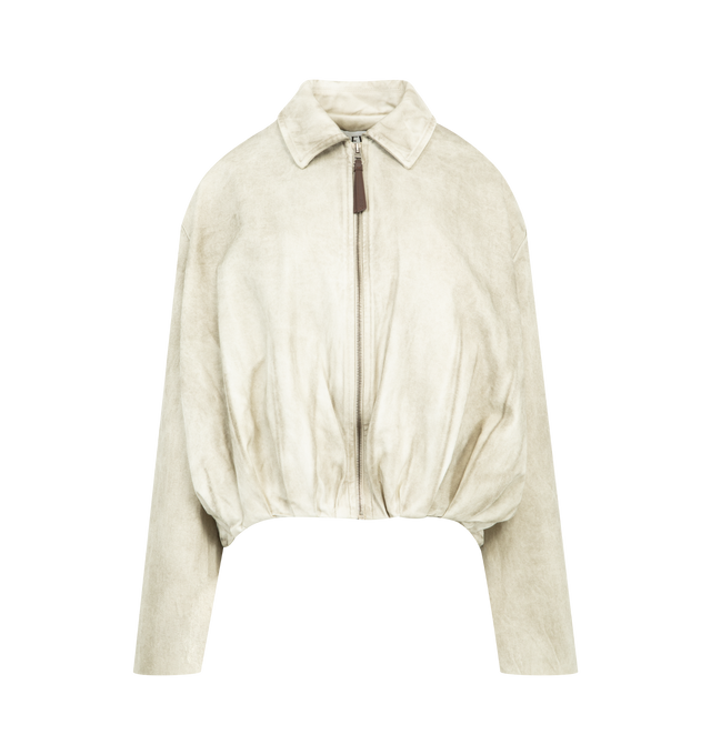Image 1 of 3 - GREY - LOEWE Draped Jacket in medium-weight treated cotton denim featuring asymmetric hand-gathered draping at the back, regular fit, short length, classic collar, zip front fastening with Puzzle puller, seam pockets, inside welt pocket, fully lined and LOEWE embossed leather patch placed at the back. Cotton. Made in Italy.