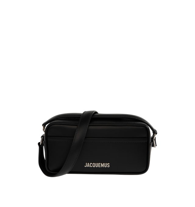 Image 1 of 3 - BLACK - JACQUEMUS Baneto leather camera bag featuring rectangular bag in smooth leather, zipper closure, zip-puller handle for hand-carrying, adjustable cross-body shoulder strap, patch pocket on front and back, interior card pocket, silver metal logo and hardware. 20cm x 10cm x 7cm. 100% cowskin. Lining: 100% cotton. Made in Italy.