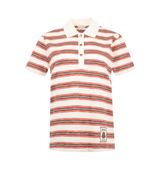 Image 1 of 1 - MULTI - Moncler Womens Striped Cotton Polo Shirt is crafted from cotton jersey. Features a polo collar, short sleeves, snap-button closure, side slits with grosgrain trim, embroidered label, and logo patch. Base Fabric: 100% Cotton; Ribs: 97% Cotton, 3% Elastane / Spandex. Made in Turkey.