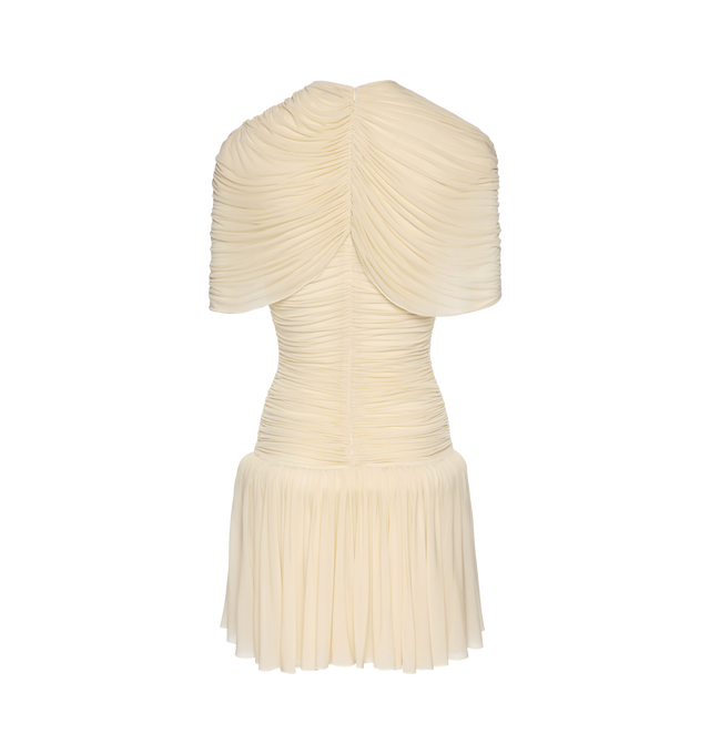 Image 2 of 2 - NEUTRAL - MAGDA BUTRYM Drop-Waist Wrap Mini Dress featuring sheer cupro fabric wrapped and draped, mini length, a fitted ruched bodice, wrap cape overlay and a drop-waist shirred skirt. 92% cupro, 8% elastane.