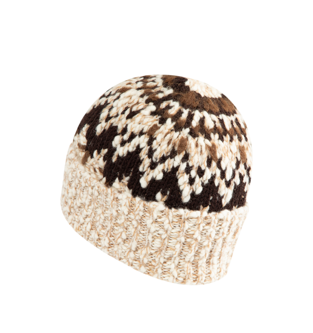 Image 2 of 2 - BROWN - MONCLER GRENOBLE Fair Isle Chunky Knit Beanie Hat featuring heavy knit beanie hat animated by a classic Fair Isle pattern, embroidered logo on the front and foldover cuff. Wool/nylon/elastane. Made in Italy.