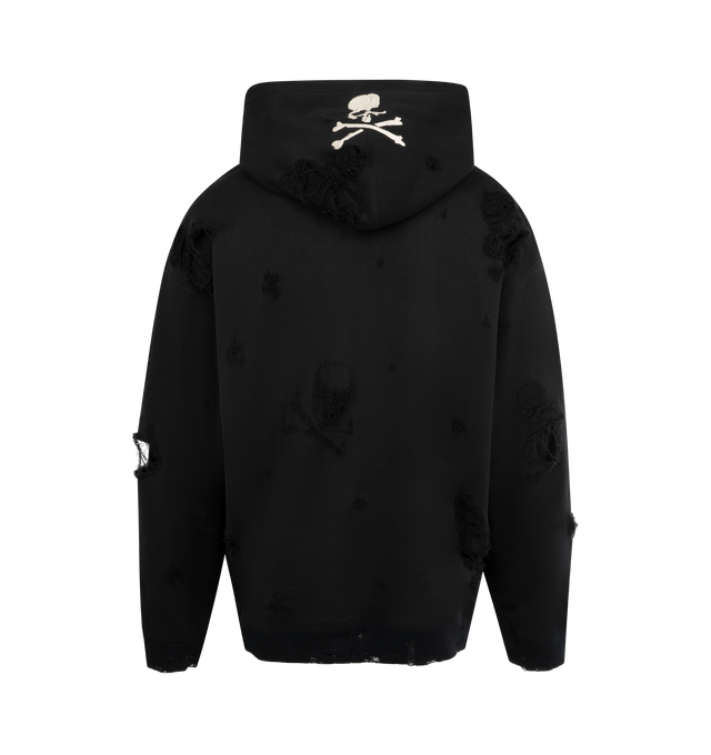 Image 2 of 2 - BLACK - MASTERMIND JAPAN Distressed Hoodie featuring kangaroo pocket, rib-knit hem and cuffs, fixed hood with drawstring, logo on front and hood and distressing throughout. 100% cotton. Made in Japan.