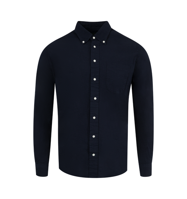 Image 1 of 2 - NAVY - GITMAN BROS Seersucker Shirt featuring cotton seersucker, a muted tonal stripe, ut slim with a tailored fit through the body and sleeves. 100% cotton.