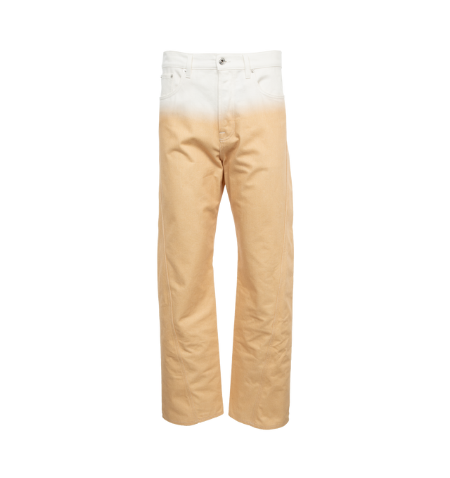 Image 1 of 4 - NEUTRAL - LANVIN Twisted Pants featuring gradient-effect twisted pant in denim, tie and dye motif, new Lanvin jacron leather square in back and contrasting diagonal double topstitching on the front. 100% cotton. Made in Italy. 